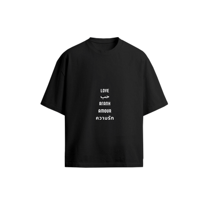 Love Tee black oversized t-shirt — LOVE written in 5 languages — LOVE DIFFERENT multicultural streetwear