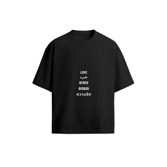 Love Tee black oversized t-shirt — LOVE written in 5 languages — LOVE DIFFERENT multicultural streetwear